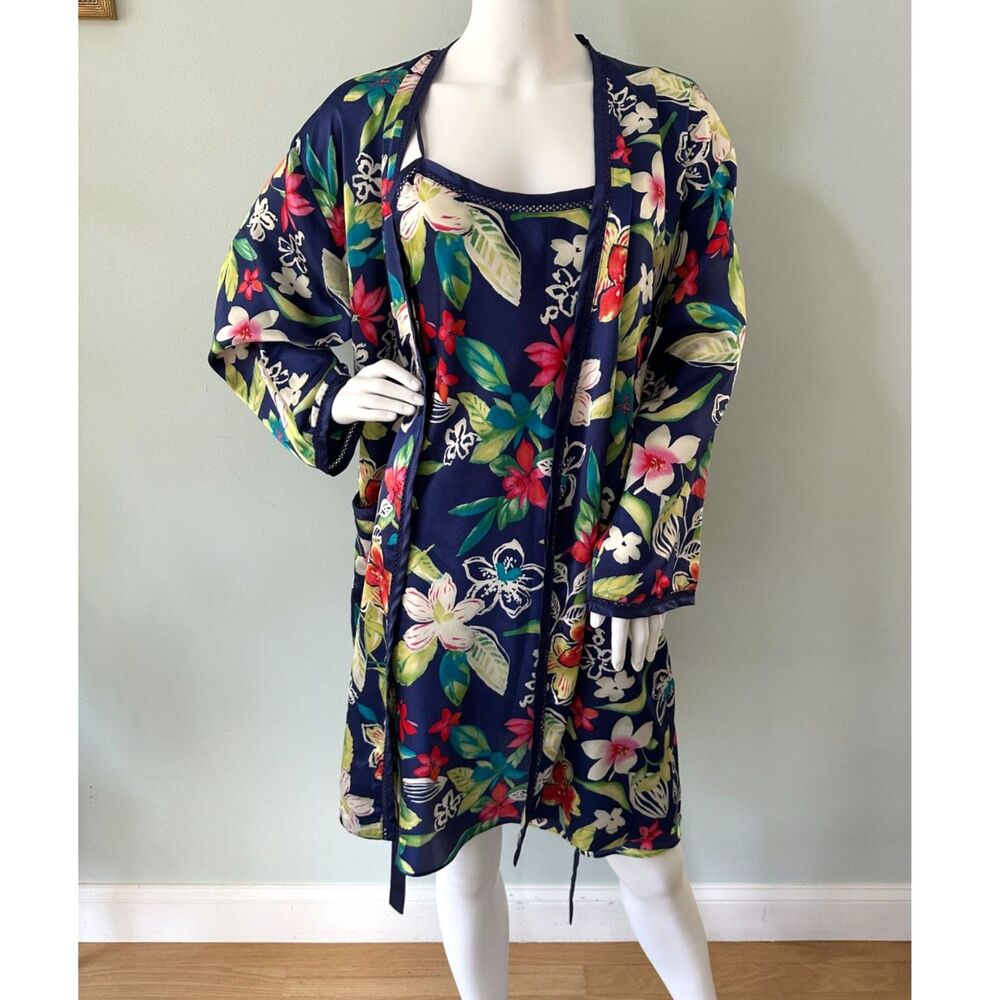Lord & Taylor Vintage Tropical Floral Loungewear Set Nightgown M Robe S 2-Piece